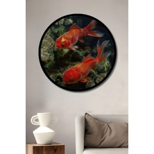 Altın Balıkları Ile Büyülü Doğanın Buluşması Ahşap Tablo Yuvarlak Tablo Çerçeve Görünüm