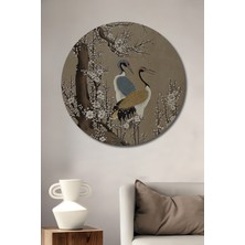 Sulu Boya Görünümlü Japon Deresi ve Kiraz Çiçekleri Ahşap Dekoratif Tablo Yuvarlak Duvar Tablosu