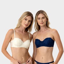 Pierre Cardin 2'li Ekonomik Paket 6800 Ales Bütün Kap Ekru-Lacivert Dolgusuz Dantelli Straplez Sütyen Set