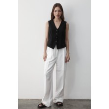 Jaste Kadın Astarlı Düğme Detaylı Keten Yelek SİYAH