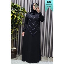 Elmas Tesettür Kadın Giyim Büyük Beden Kristal V Taşlı Kolu Lastikli Esnek Kumaş Elbise