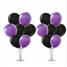 Zenviva 2 Adet Ayaklı Balon Standı 7li Set, 14 Adet Mor, Siyah Balon