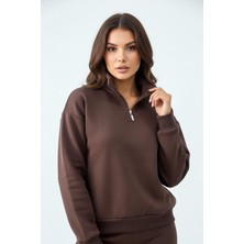 Balenbi Kadın 3 Iplik Içi Polarlı Yarım Fermuarlı Oversize Sweatshirt 1112