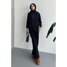 Feela Moda Kadın Modal Penye Oversize Metal Fermuar Tesettür Tunik Takım 2021