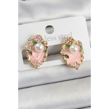 Shopwave Pirinç Pembe Mineli Inci Detaylı Sanatsal Portre Model Gold Renk Kadın Küpe - TJ-BKP10690