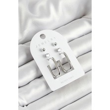 Shopwave Pirinç Zirkon Taş ve Dikdörtgen Figürlü Gümüş Renk 3'lü Çift Kadın Küpe Set - TJ-BKP10645