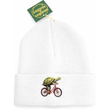 Middles & Niddles Collection Bisiklet Süren Kaplumbağa Baskılı Unisex Bere | Kışlık Örme Bere