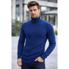 Erkek Balıkcı Yaka Bağazlı Triko Kazak Pamuklu Kalın Fitilli Dokuma, Regular Fit Uzun Kollu Kışlık Model - Indigo