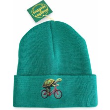 Bisiklet Süren Kaplumbağa Baskılı Unisex Bere | Kışlık Örme Bere