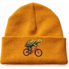 Bisiklet Süren Kaplumbağa Baskılı Unisex Bere | Kışlık Örme Bere