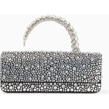 Malika Crystal Saten Clutch Çanta, Gümüş, Kristal Üst Saplı