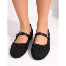 Redtan Kadın Siyah Tüvit Kumaş Tek Bant Tokalı Klasik Günlük Babet | Günlük Ayakkabı