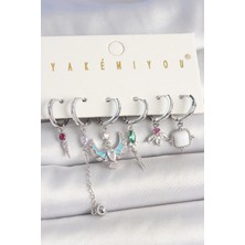 Shopwave Pirinç Gümüş Renk Zirkon Taşlı Kuş Figür Çiçek Detay 6'lı Kadın Kombin Küpe - TJ-BKP10454