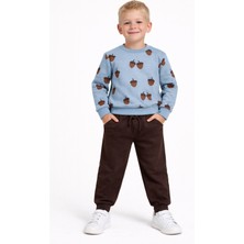 Zepkids Bisiklet Yaka Meşe Palamudu Baskılı Mavi - Kahve Renk Erkek Çocuk Eşofman Takımı