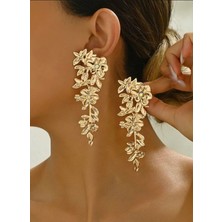 Alya's Aksesuar Altın Kaplama Taşlı Yaprak ve Çiçek Detaylı Küpe