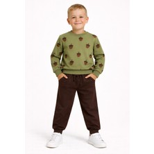 Zepkids Bisiklet Yaka Meşe Palamudu Baskılı Haki - Kahve Renk Erkek Çocuk Eşofman Takımı