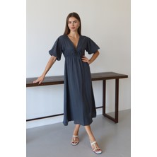 Balenbi Kadın Hafif Transparan Basic Önden Bağlamalı Müslin Elbise 1105