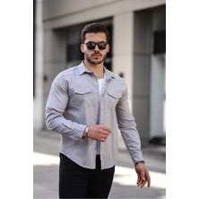 Comstar Erkek Mevsimlik Trend Cepli Çıtçıtlı Gri Kot Gömlek
