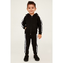 Bubito Yandan Çizgili Fermuarlı Kapüşonlu Spor 2 Li Bebek Alt Üst Takım-Siyah