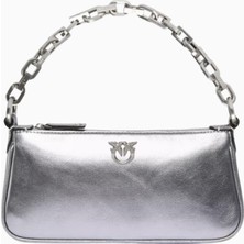Pinko Mini Half Moon Lamineli Süet Gümüş Lüks Baguette Çanta, Şık ve Çok Yönlü