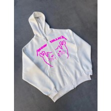 Kışlık Baskılı Fermuarlı Kapüşonlu Hırka - Beyaz