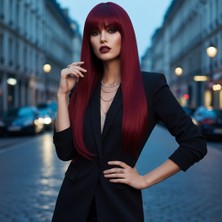 TeknoKapsül Düz Perçemli Uzun Fiber Sentetik Peruk / Kızıl