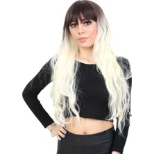 TeknoKapsül Perçemli Uzun Su Dalgası Fiber Sentetik Peruk / Küllü Açık Kahve / Platin Ombreli