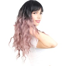 TeknoKapsül Perçemli Uzun Su Dalgası Fiber Sentetik Peruk/ Siyah / Gül Kurusu Ombreli