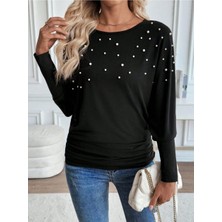 byasafkids Kadın Uzun Kollu Yuvarlak Yaka Incili Viskon Bluz