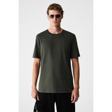 Grimelange Rudy Erkek %100 Organik Pamuk Nefes Alan Iç Göstermeyen Bisiklet Yaka Basic Haki T-Shirt