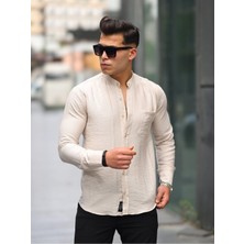 Comstar Erkek A Kalite Keten Slim Fit Kapaksız Hakim Yaka Uzun Kol Gömlek