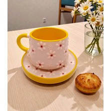 Nesli Home Kabartma Papatya Desen Tabaklı Sarı Renk El Yapımı Seramik Çay Fincanı Kahve Fincanı Kupa Mug