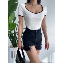 Qutta Kadın Kalp Yaka Kısa Kollu Fitilli Kadın Crop Bluz