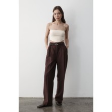 Jaste Kadın Keten Örgü Kemerli Beli Lastikli Yüksel Bel Palazzo Pantolon KAHVERENGİ