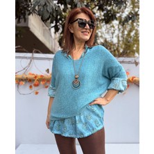 Denizege Butik Italyan Moher Gömlekli Kolyeli Triko Turkuaz