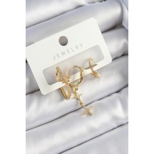 Shopwave Pirinç Zirkon Taşlı Yıldız Model Gold Renk 3'lü Çift Kadın Küpe Set - TJ-BKP10837