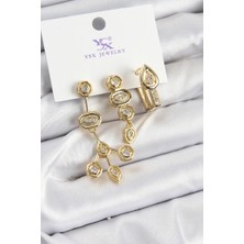 Shopwave Pirinç Zirkon Taşlı Geometrik Model Gold Renk 3'lü Kadın Küpe - TJ-BKP10937