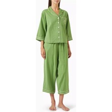 3 Parça Pamuk & Keten Pijama Seti Yeşil Nakışlı Lüks Tasarım