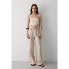 Jaste Kadın Beli Lastikli Bağcıklı Keten Pantolon BEJ