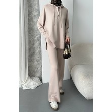 Balenbi Kadın Modal Kumaş Çıtlı Kapüşonlu Oversize Tunik Takım 1119