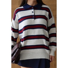 Balenbi Kadın Polo Yaka Oversize Çizgili Triko Kazak 1128