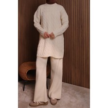 Balenbi Kadın Oversize Saç Örgü Desen Pantolonlu Tesettür Triko Takım 1135