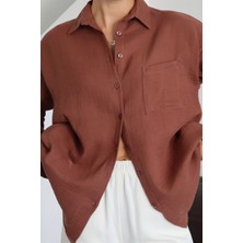 Balenbi Kadın Cepli Oversize Düz Renk Müslin Gömlek 1095