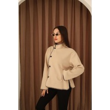 Dereli Dikiş Detaylı Düşmeli Kaşe Bej Panço