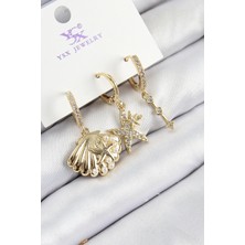 Shopwave Pirinç Zirkon Taşlı 3'lü Istiridye ve Yıldız Model Gold Renk Kadın Küpe - TJ-BKP11144