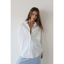 Jaste  Kadın Çizgili Düğmeli Cep Detaylı Çizgili Oversize Gömlek