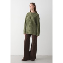 Jaste  Kadın Örgü Desenli Triko kazak HAKİ