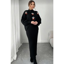 Newco Siyah Fitilli Maxi Triko Elbise & Penguen Desenli Oversize Triko Kazak Ikili Set - Siyah