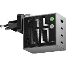 Sharge Pixel 100W Gan Hızlı Şarj Cihazı - 4 Portlu Pd 3.1 (3x Type-C) 1x USB-A Port, Akıllı LED Ekranlı Adaptör - iPhone 17/16, Android, Macbook, Notebook Uyumlu
