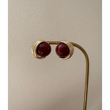 Marsel Bordo Mineli Düğme Model Vintage Gold Küpe